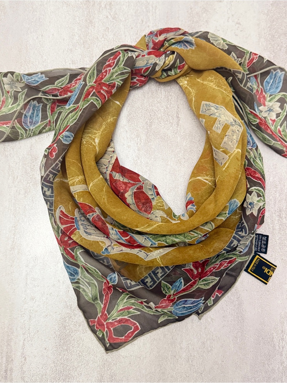 Fendi Multicolor Floral Vase Silk Scarf with Gold Field
